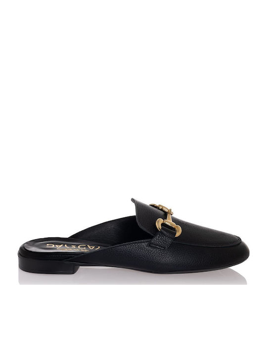 Flat Leather Mules in Black Color
