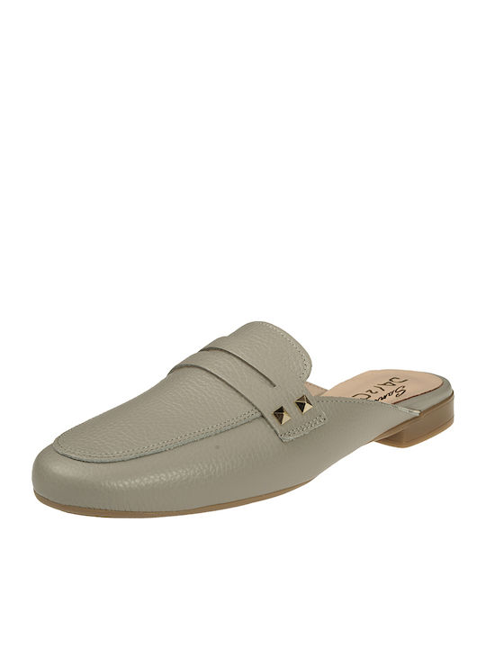 Leather Mules with Chunky High Heel in Gray Color