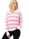 Potre Women's Blouse Long Sleeve Striped Pink