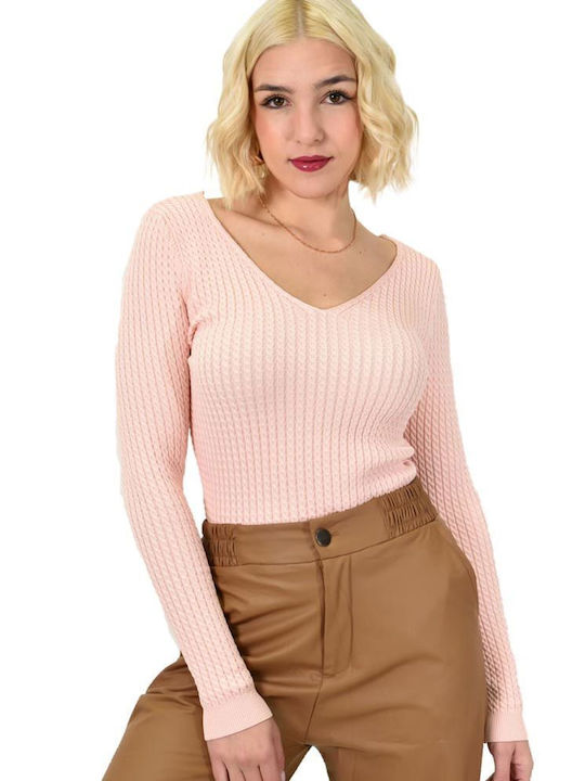 Potre Women's Long Sleeve Sweater with V Neckline Pink
