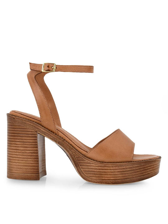 Tsakiris Mallas Leather Women's Sandals Tabac Brown with High Heel