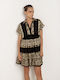 Greek Archaic Kori Summer Mini Dress with Ruffle Black/Gold