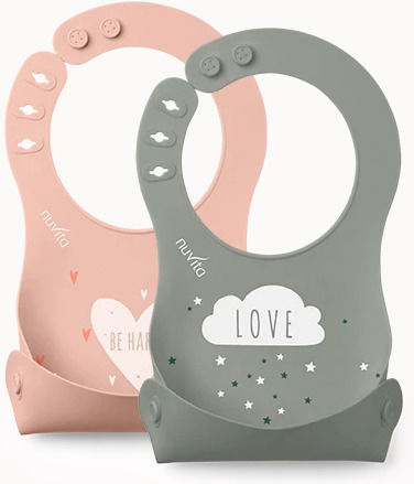 Nuvita Waterproof Silicone Baby Bib with Pocket English Rose/Sage Green 2 Pieces
