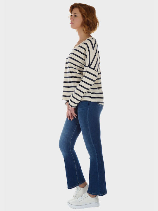 G Secret Women's Summer Blouse Long Sleeve with V Neckline Striped Blue