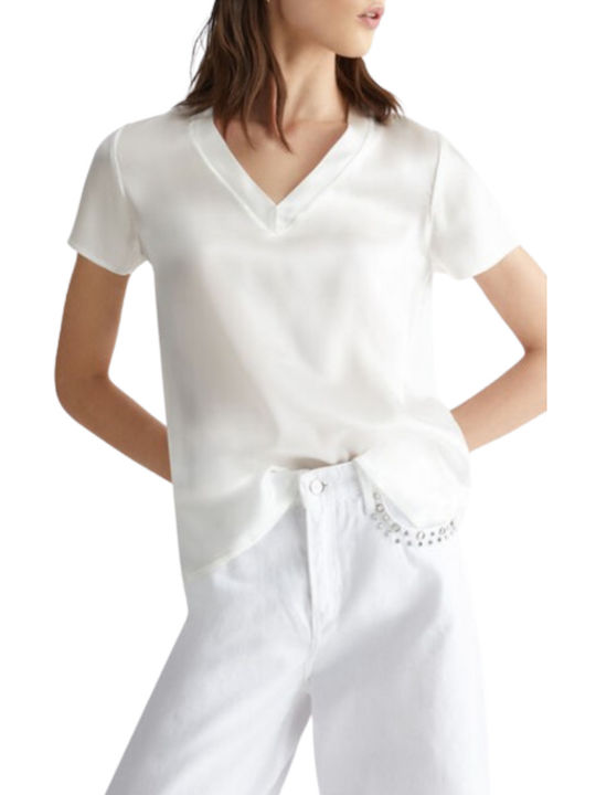 Liu Jo Women's Summer Blouse Satin Short Sleeve with V Neckline White