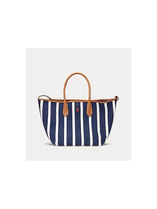 Ralph Lauren Striped Δερμάτινη Γυναικεία Τσάντα Tote Χειρός Navy Μπλε