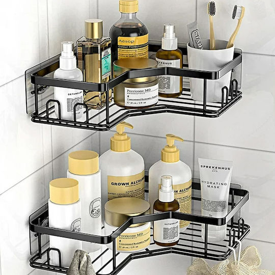 Corner Wall Mounted Bathroom Shelf Metallic with 2 Shelves Black
