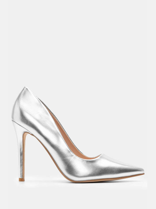 Luigi Synthetic Leather Pointed Toe Silver High Heels