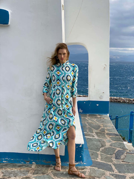 Achilleas Accessories Καλοκαιρινό Maxi Σεμιζιέ Φόρεμα με Σκίσιμο Τιρκουάζ