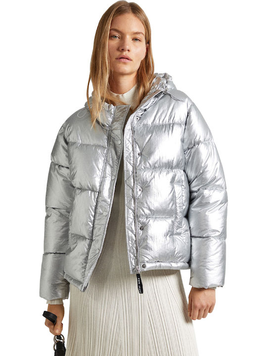 Morgan Κοντό Γυναικείο Puffer Μπουφάν για Χειμώνα Ασημί