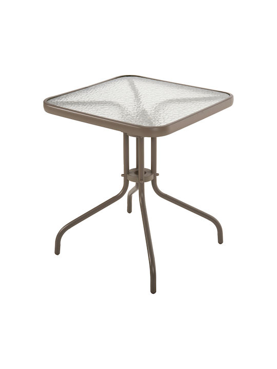 Outdoor Dinner Table with Glass Surface and Metal Frame Champagne 60x60x70cm