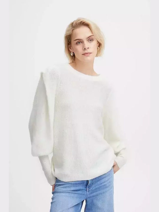 ICHI Damen Langarm Pullover Wolle Weiß