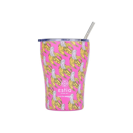 Estia Coffee Mug Save The Aegean Recyclable Glass Thermos Bottle Stainless Steel BPA Free 350ml Banana Swirl With Straw