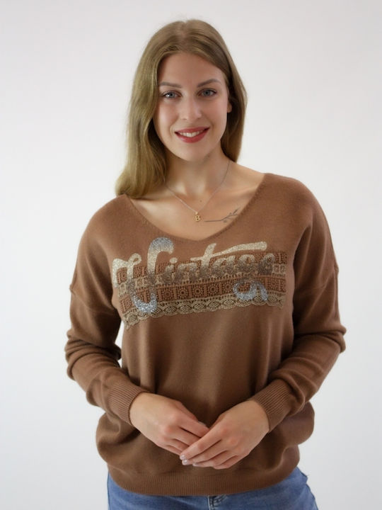 Brak Women's Long Sleeve Pullover with V Neck Brown