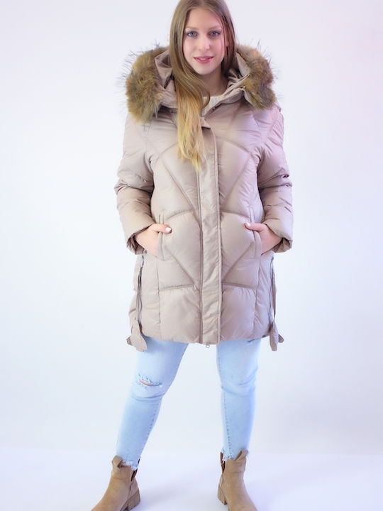 Brak Women's Long Puffer Jacket for Winter with Hood Beige