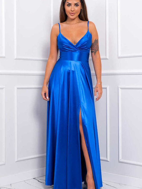 Brak Maxi Φόρεμα Σατέν με Σκίσιμο Γαλάζιο