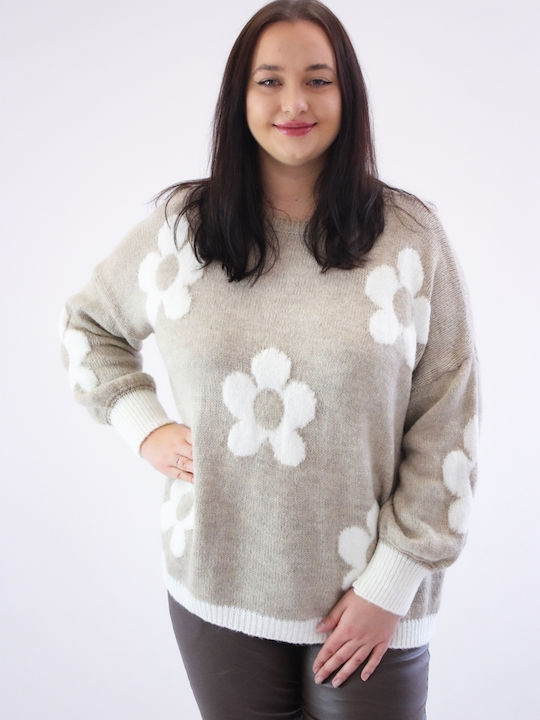 Brak Damen Langarm Pullover Blumen Beige