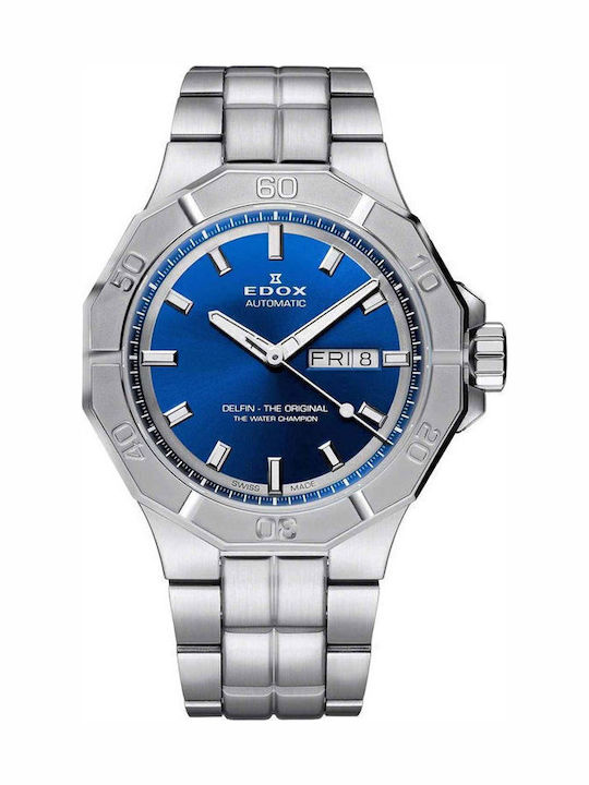 Edox Delfin Ανδρικό Ρολόι 43mm Αυτόματο με Ασημί Μεταλλικό Μπρασελέ