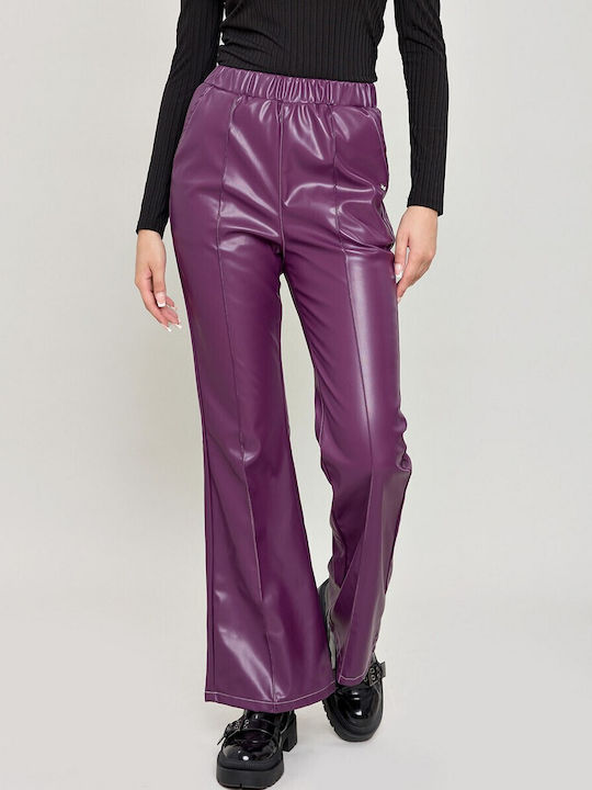 Doca Women's High-waisted Leather Trousers Flare with Elastic Purple