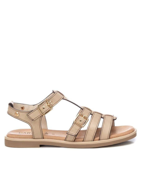 Carmela Footwear Leather Women's Flat Sandals in Beige Color