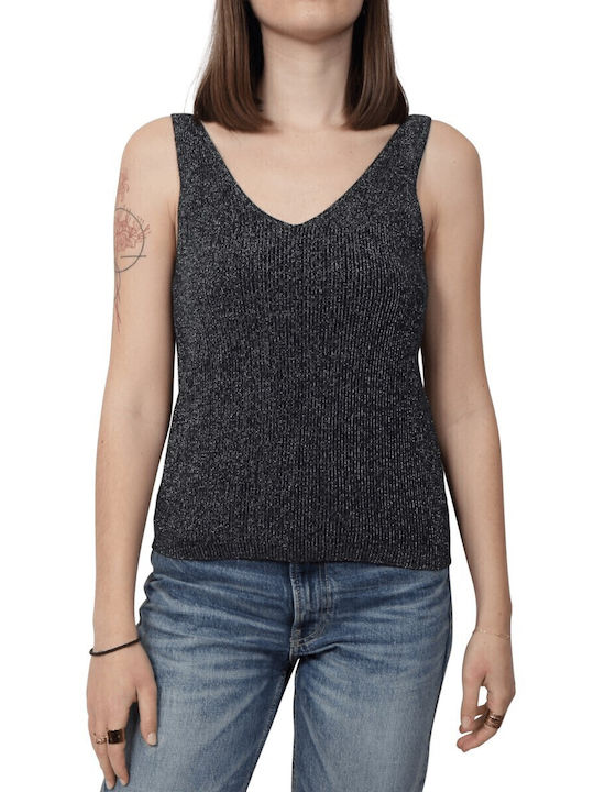 Women's Summer Blouse Cotton Sleeveless with V Neckline Polka Dot Navy Blue