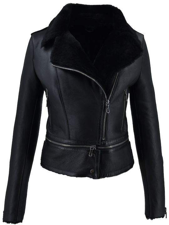 Δερμάτινα 100 Κωδικος Women's Short Lifestyle Leather Jacket for Winter Black (BLACK)