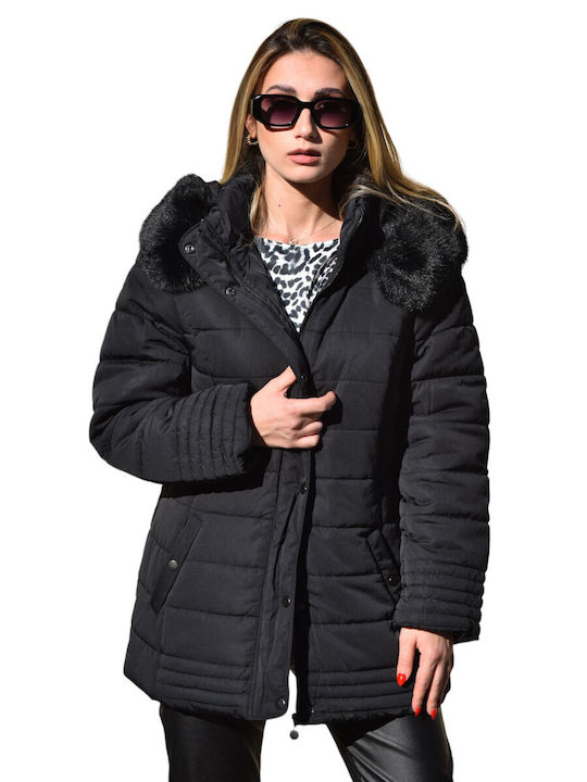 Honey Winter Women's Short Lifestyle Jacket for Winter with Hood Black