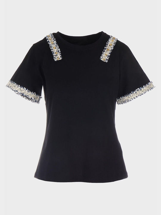 G Secret Damen Sommer Bluse Kurzärmelig Schwarz