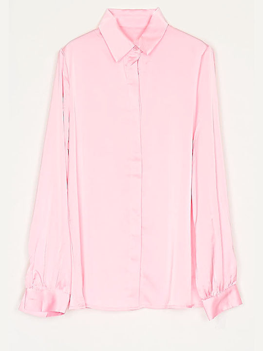 Cuca Women's Satin Long Sleeve Shirt Pink