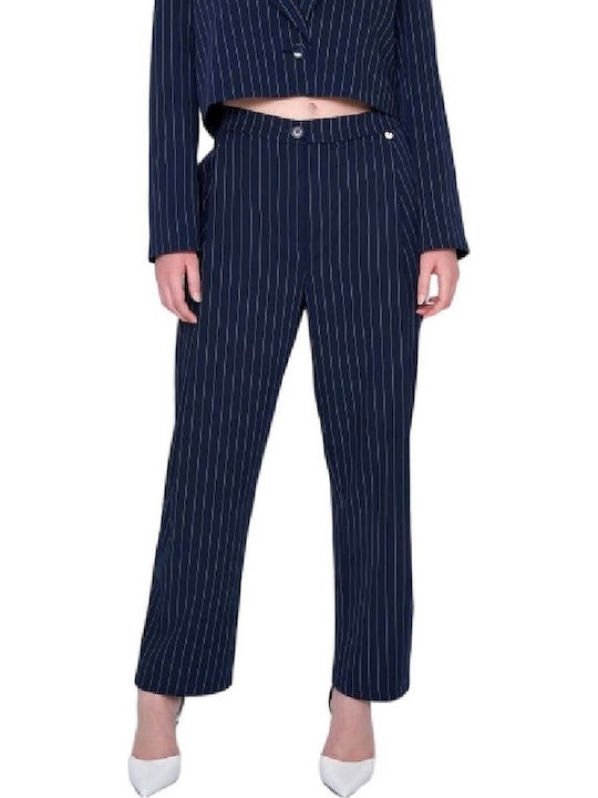 Women's Fabric Trousers Striped Navy Blue