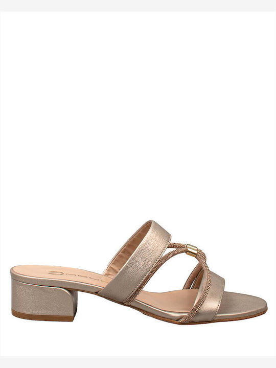 Leather Mules with Chunky Low Heel in Gold Color