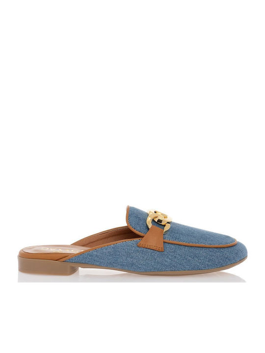 Flach Leder Mules in Blau Farbe