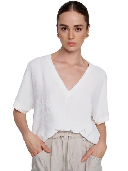 Ale - The Non Usual Casual Women's Summer Blouse Short Sleeve with V Neck White
