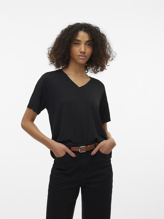 Vero Moda Damen Sommerliche Bluse Kurzärmelig mit V-Ausschnitt Schwarz