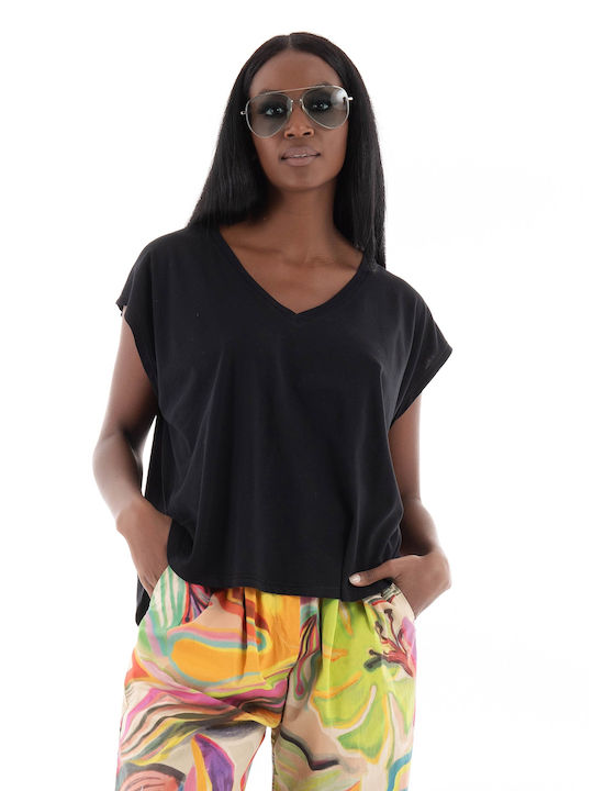 Deha Women's Summer Blouse Short Sleeve with V Neckline Black