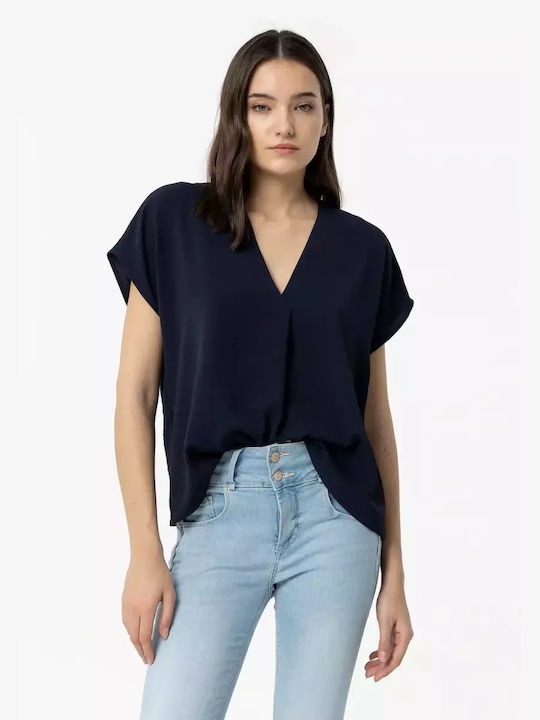 Tiffosi Damen Sommer Bluse Kurzärmelig mit V-Ausschnitt Blau