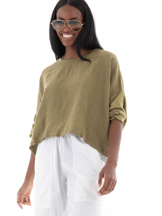 Deha Damen Sommer Crop Top Leinen mit 3/4 Ärmel Khaki