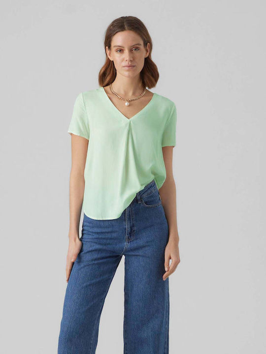 Vero Moda Γυναικεία Καλοκαιρινή Μπλούζα Κοντομάνικη με V Λαιμόκοψη Silt Green