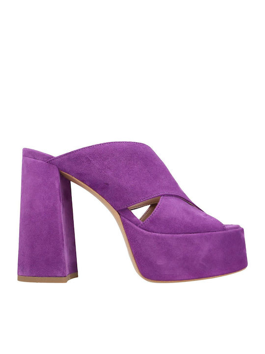 Suede Mules με Χοντρό Ψηλό Τακούνι σε Μωβ Χρώμα