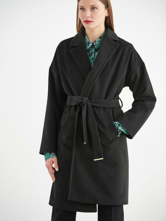 Bill Cost Γυναικείο Μαύρο Παλτό με Ζώνη