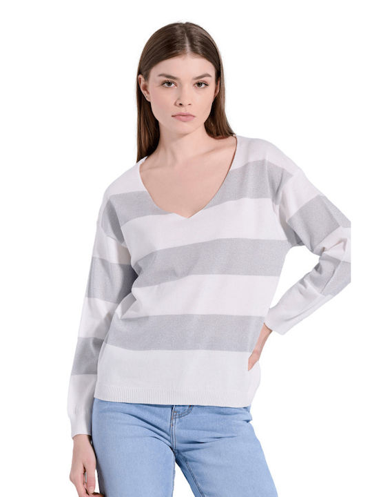 Matis Fashion Women's Long Sleeve Crop Sweater with V Neckline Striped Silver