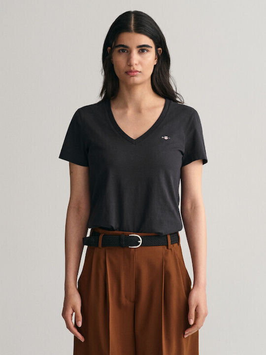 Gant Damen T-Shirt mit V-Ausschnitt Schwarz