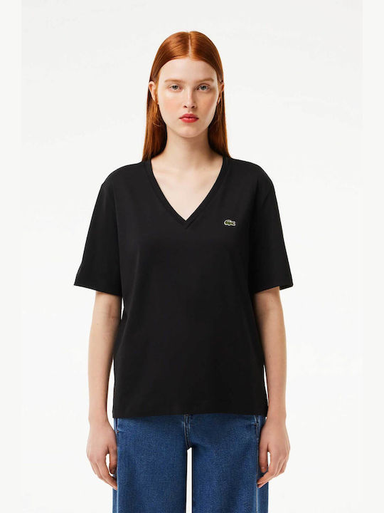 Lacoste Damen T-Shirt mit V-Ausschnitt Schwarz