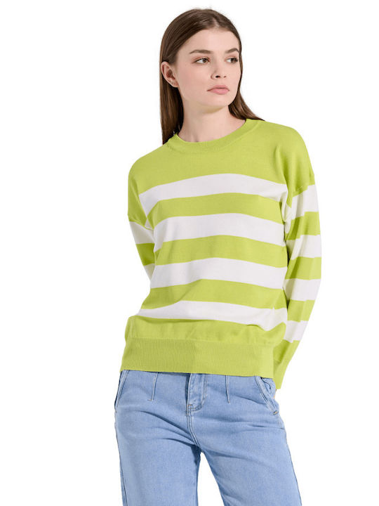 Matis Fashion Women's Long Sleeve Sweater with Boat Neckline Striped Green