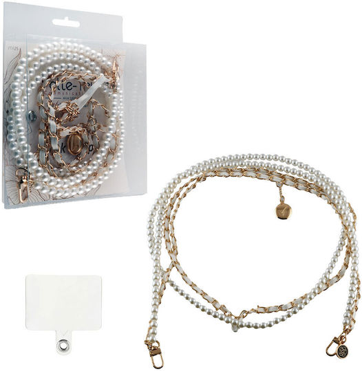 Volte-tel Neck Strap - Chain for Cases White Pearls With White Leather-Gold Metal Vt425 120cm Volte-tel