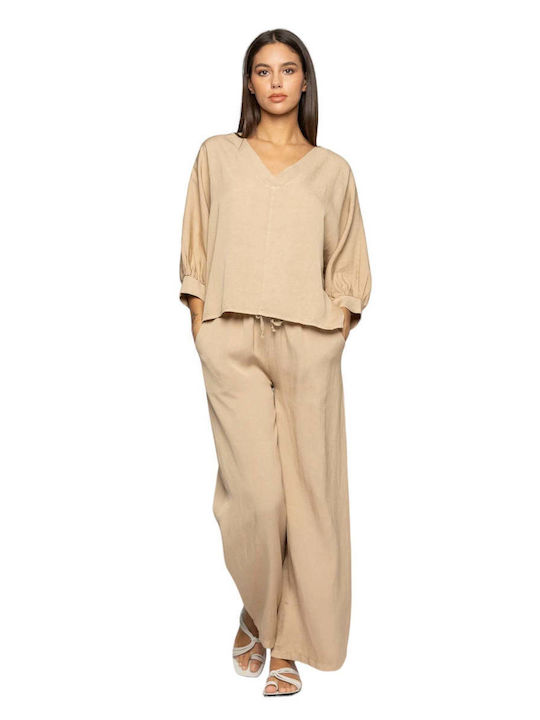 kocca Women's Linen Trousers with Elastic Beige