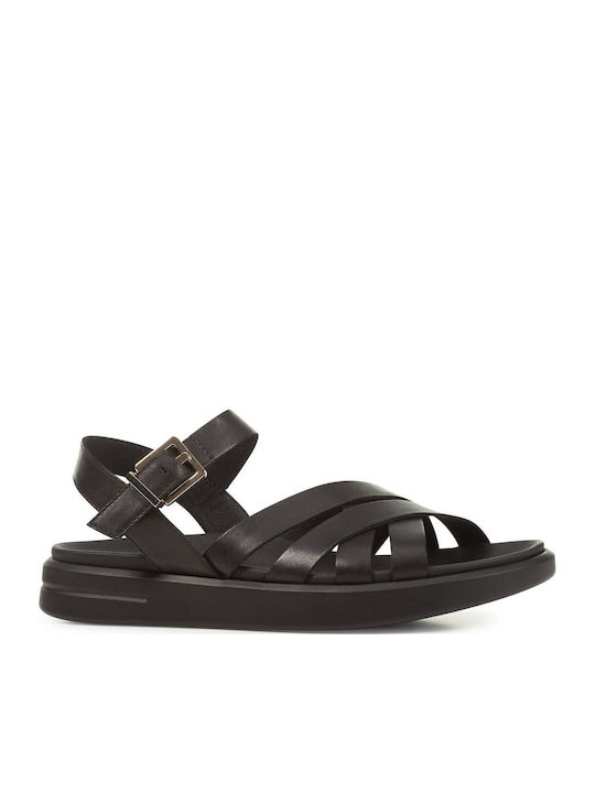 D Xand Leather Women's Flat Sandals with Strap in Black Color