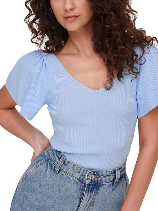 Only Damen Sommer Bluse Kurzärmelig Hellblau