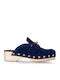 Leather Mules with Chunky Low Heel in Blue Color