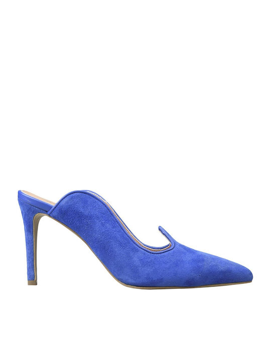 Mules with Thin High Heel in Blue Color
